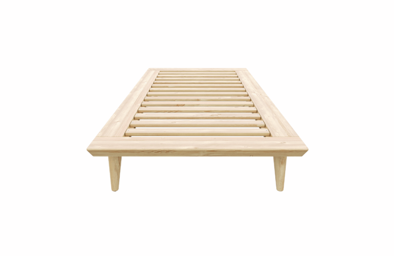 Front view of an untreated light pine Air bed frame 90x200 with a slatted base, designed for a single mattress, isolated on a white background.