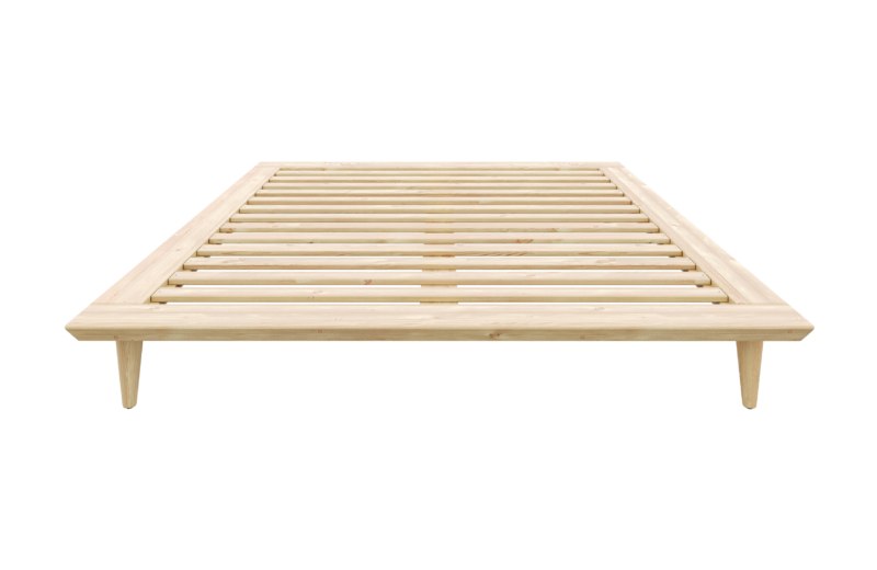 Front view of an untreated light pine Air Bed Frame 140x200 cm with a slatted base, designed for a mattress, isolated on a white background.