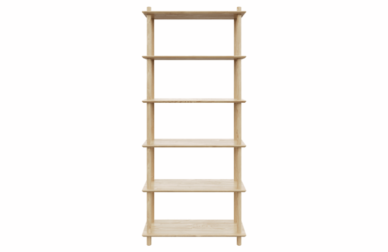 Clean frontal studio view of the tall, raw pine Air Shelf six-tiered modular unit, showcasing the simple construction and maximum vertical stacking on a white background.