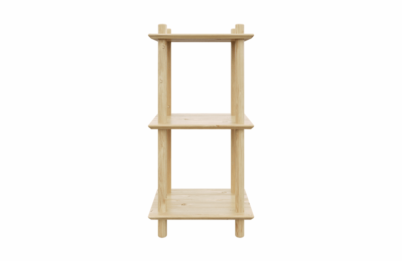Clean frontal studio view of the raw pine Air Shelf narrow three-tiered modular unit, showcasing the simple construction and space-saving design on a white background.