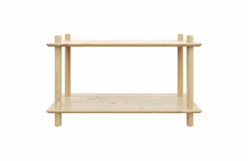 Clean frontal studio view of the wide raw pine Air Shelf two-tiered modular unit, showcasing the simple construction and expansive display area on a white background.