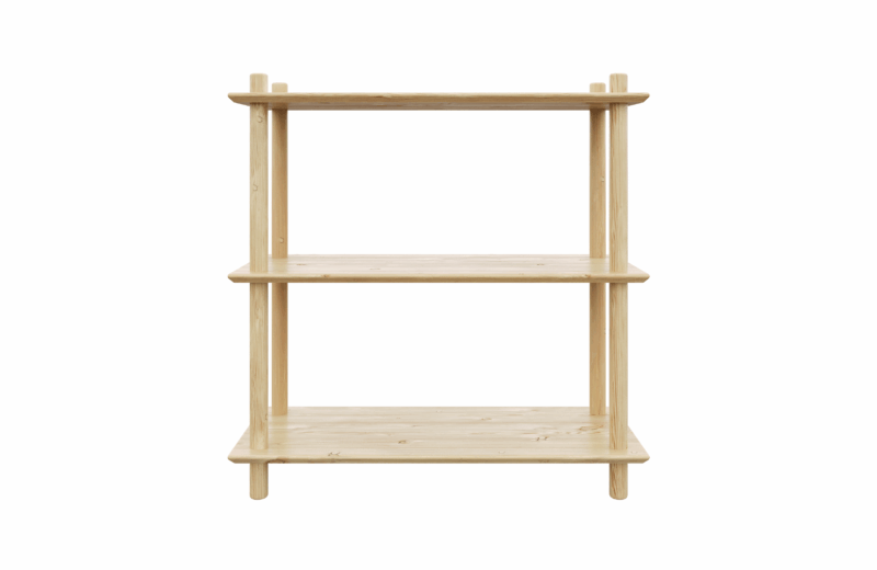 Clean frontal studio view of the raw pine Air Shelf wide three-tiered modular unit, showcasing the simple construction and three spacious, equally-sized shelves on a white background.