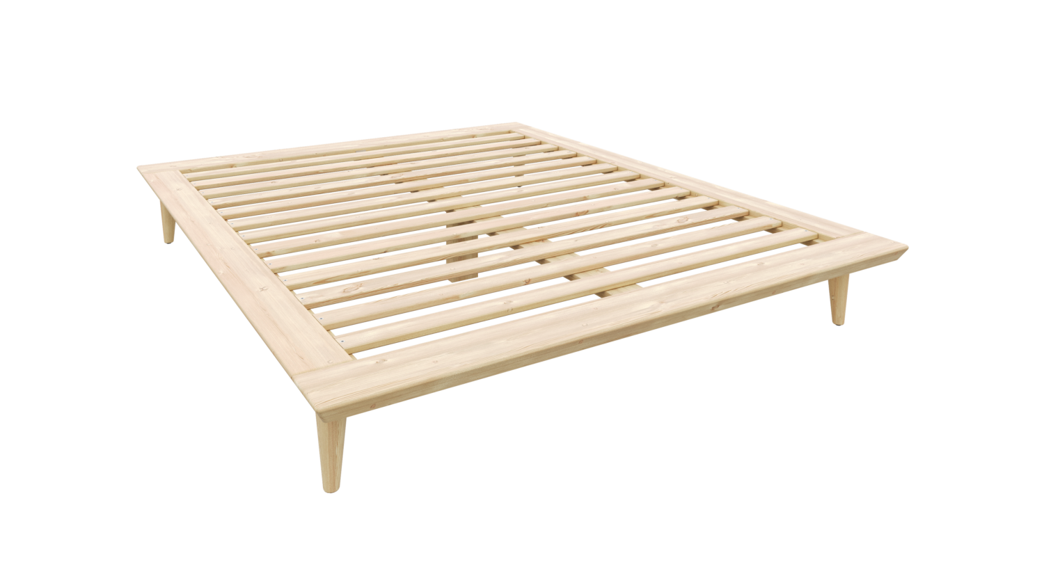 Angled studio view of the minimalist raw pine Air Shelf 180x200 cm bed frame, displaying the width and length dimensions, highlighting its slatted base and angled legs.