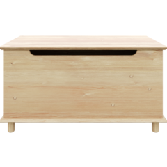 Frontalansicht einer Air Truhe aus unbehandeltem hellem Kiefernholz mit dezentem Griffausschnitt, auf kurzen runden Beinen stehend, isoliert vor weißem Hintergrund.