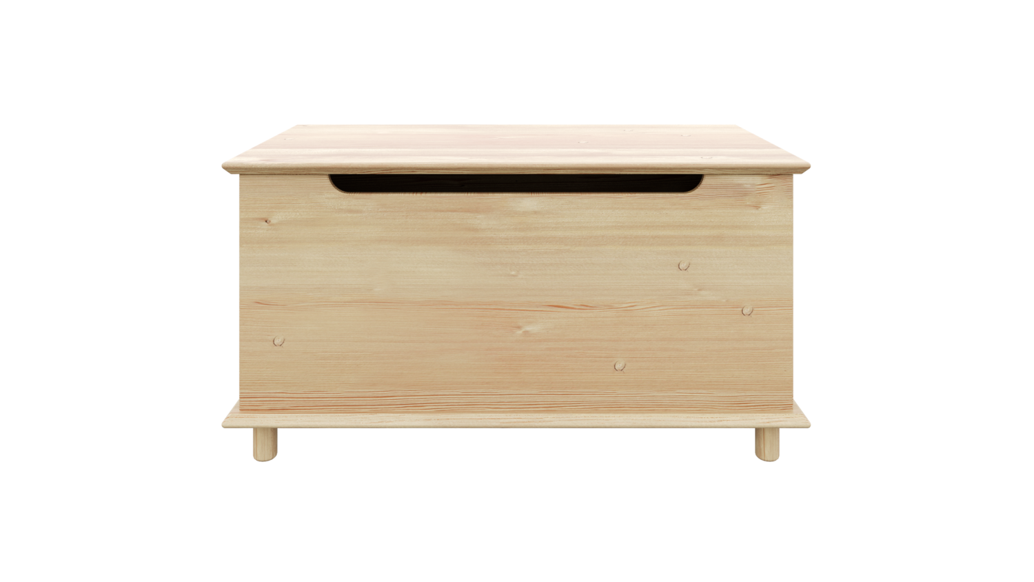 Vue de face d’un coffre Air en pin clair non traité avec une découpe discrète pour la poignée, reposant sur de courts pieds arrondis, isolé sur fond blanc.