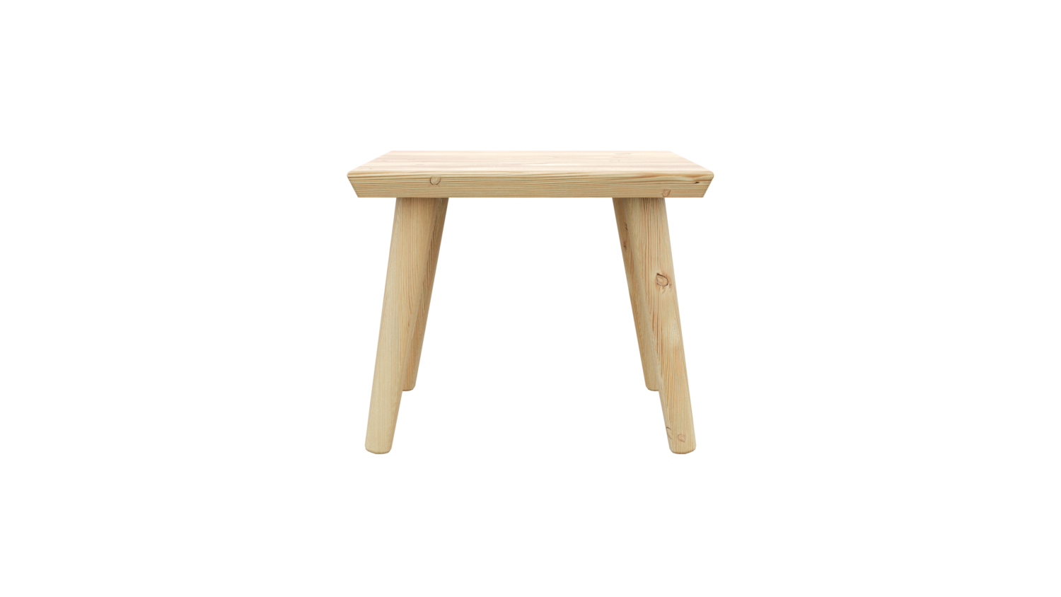 Vue de face d’un tabouret Air minimaliste en pin clair non traité, avec quatre pieds effilés, sur fond blanc.
