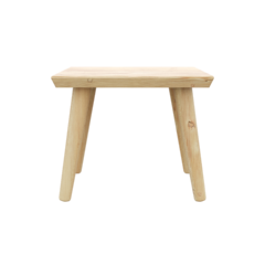 Vue de face d’un tabouret Air minimaliste en pin clair non traité, avec quatre pieds effilés, sur fond blanc.