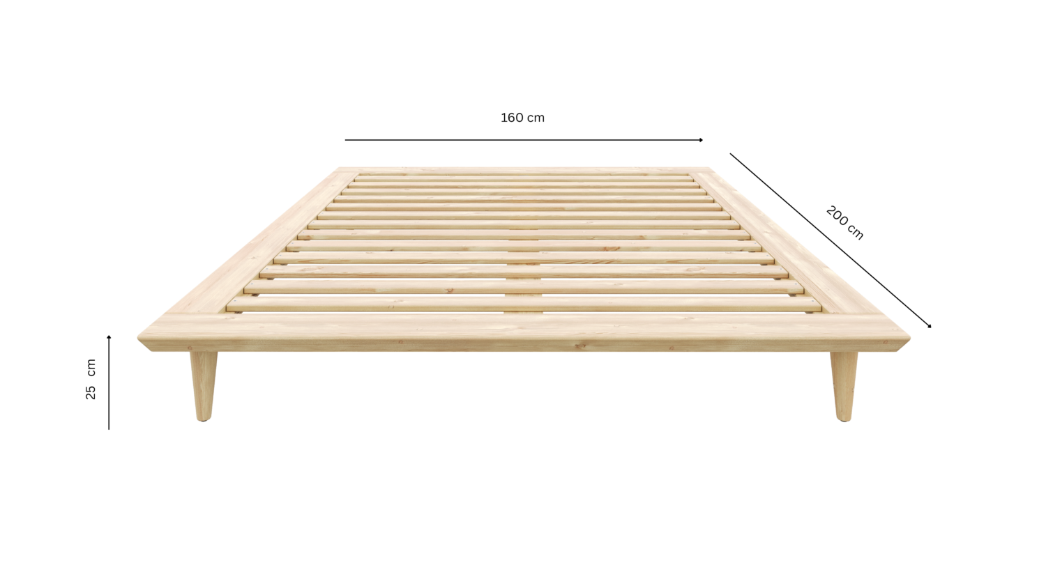 Vue de face d’un cadre de lit Air en pin clair non traité, avec indications de dimensions : 160 cm de largeur, 200 cm de longueur et 25 cm de hauteur, sur fond blanc.