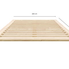 Frontalansicht eines unbehandelten Air Bettgestells aus hellem Kiefernholz mit Maßangaben: 160 cm Breite, 200 cm Länge und 25 cm Höhe, vor weißem Hintergrund.