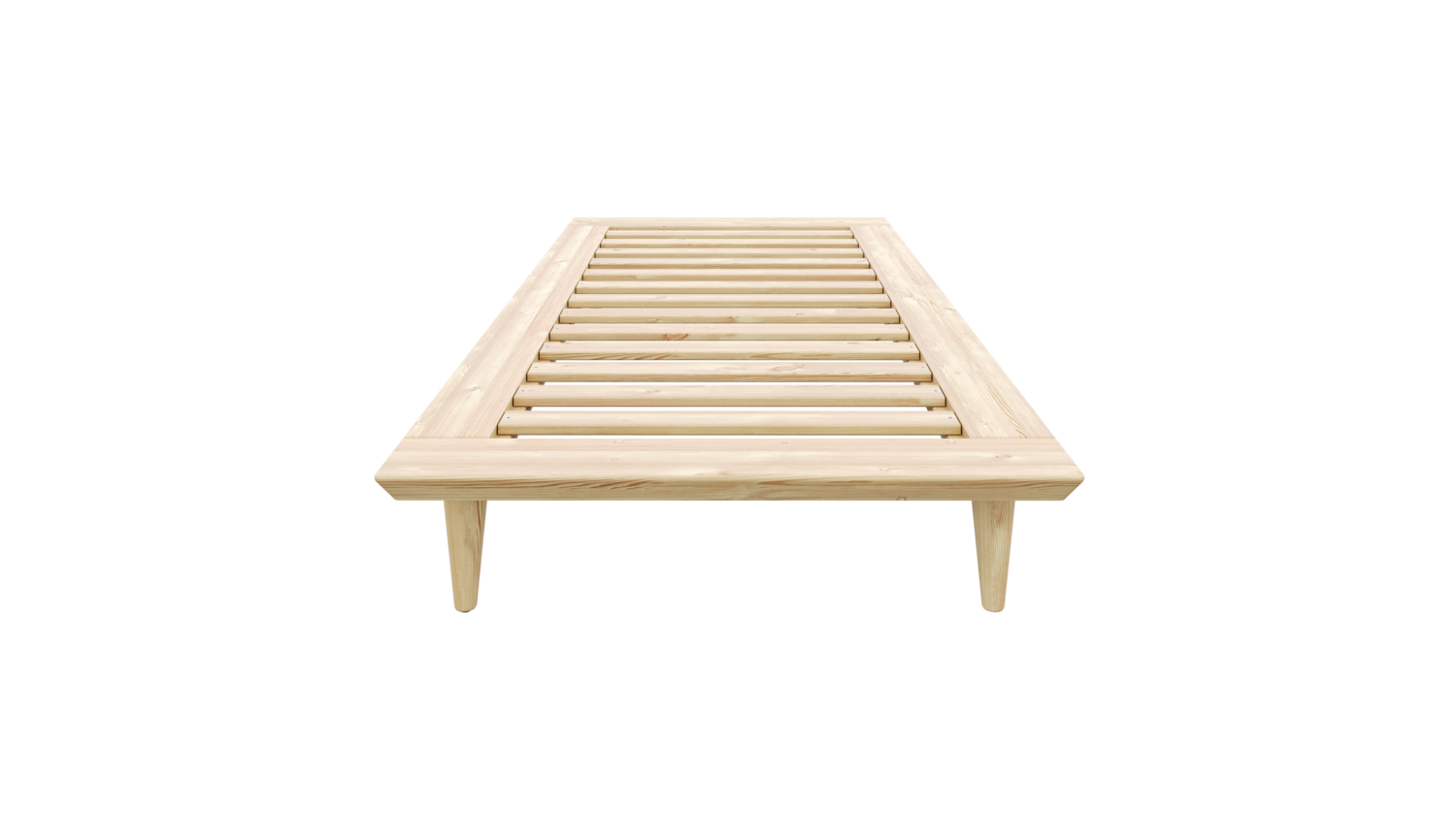 Vue de face d’un cadre de lit Air 90 × 200 en pin clair non traité avec un sommier à lattes, conçu pour un matelas simple, isolé sur fond blanc.