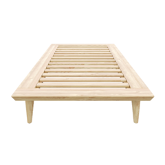 Vue de face d’un cadre de lit Air 90 × 200 en pin clair non traité avec un sommier à lattes, conçu pour un matelas simple, isolé sur fond blanc.