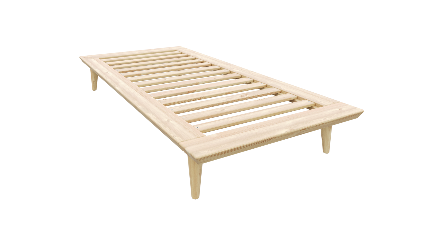 Vue en angle d’un cadre de lit Air 90 × 200 en pin clair non traité avec un sommier à lattes, conçu pour un matelas simple, isolé sur fond blanc.