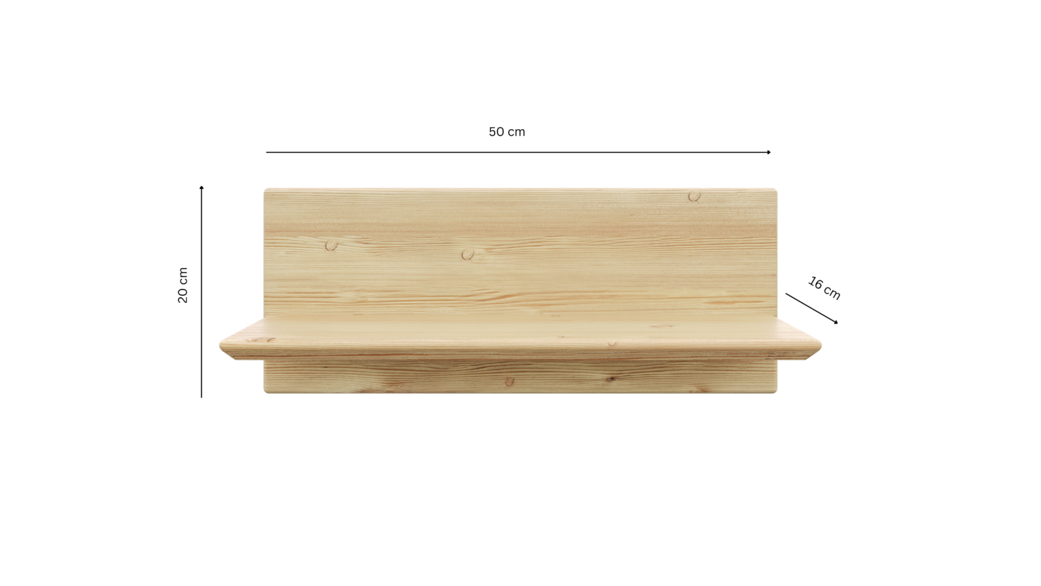 Vue frontale de l’étagère murale Air en pin clair non traité, avec indications de dimensions : 50 cm de largeur, 20 cm de hauteur et 16 cm de profondeur, sur fond blanc.