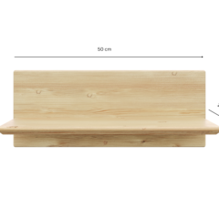 Vue frontale de l’étagère murale Air en pin clair non traité, avec indications de dimensions : 50 cm de largeur, 20 cm de hauteur et 16 cm de profondeur, sur fond blanc.