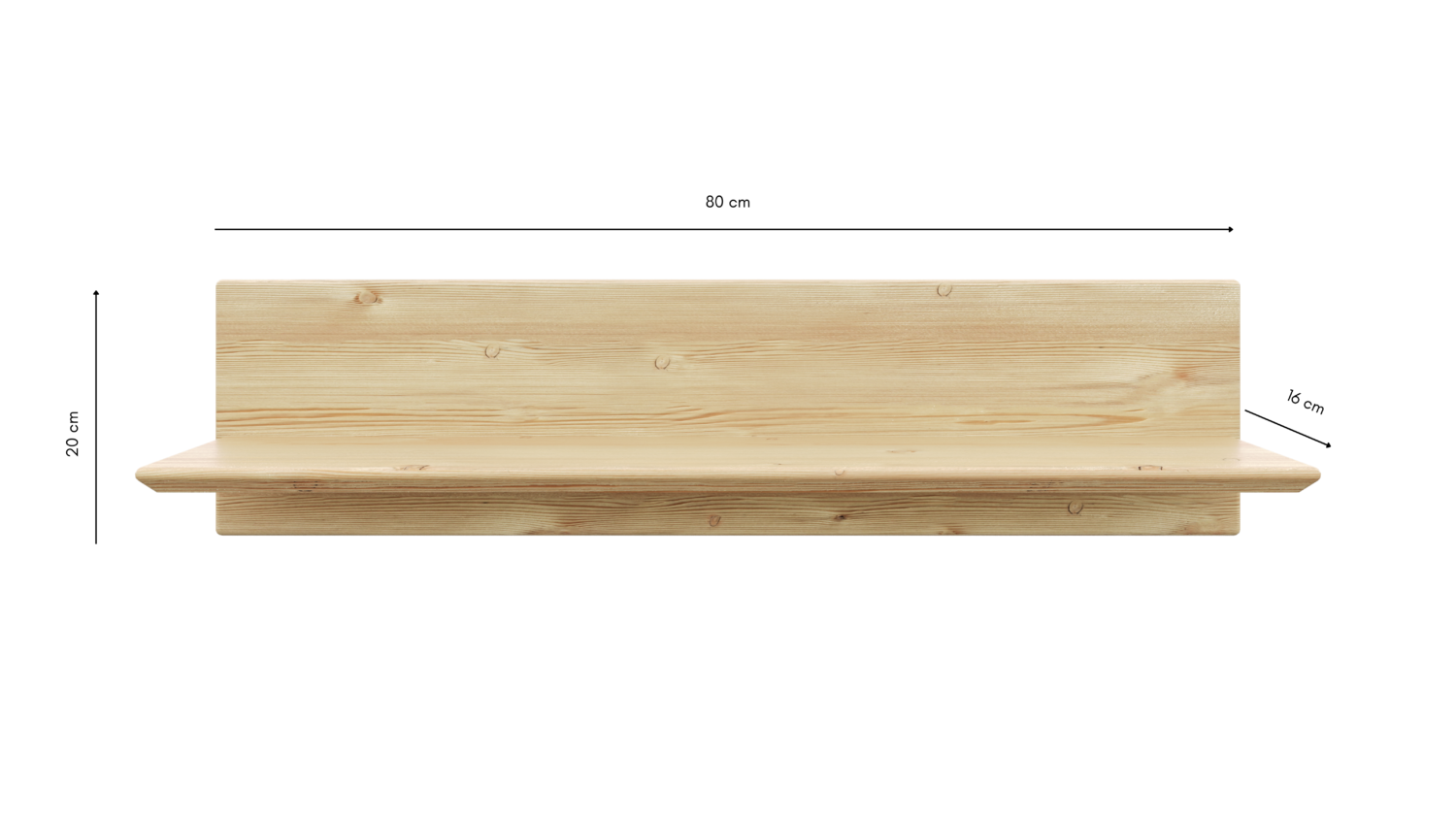 Vue frontale de l’étagère Air ROHE de 80 cm, présentant ses dimensions principales : 80 cm de largeur, 20 cm de hauteur et 16 cm de profondeur.