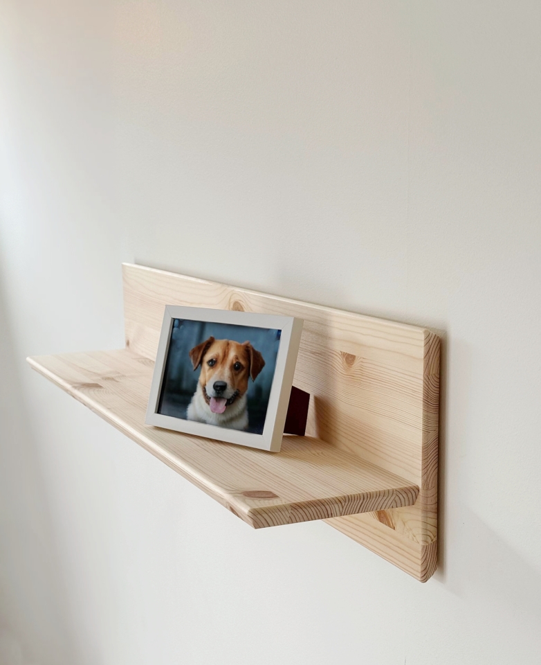 Étagère murale Air en pin clair non traité de 50 cm de largeur, montée sur un mur blanc, exposant une photo encadrée d’un chien brun et blanc souriant.