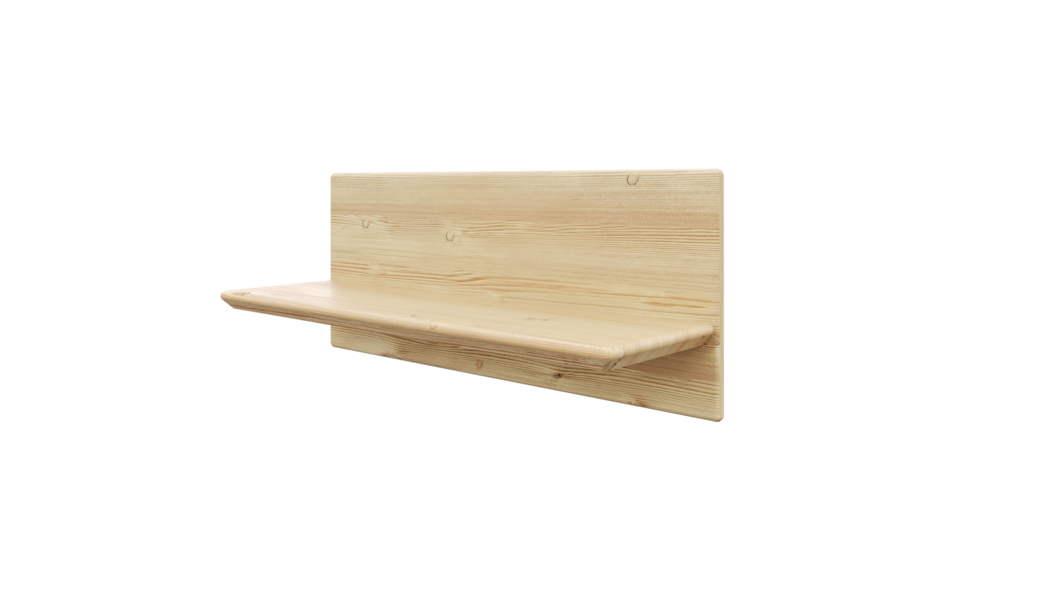 Vue en angle de l’étagère murale Air en pin clair non traité, conçue pour une fixation flottante, isolée sur fond noir.
