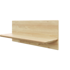 Schrägansicht eines unbehandelten Air Wandregals aus hellem Kiefernholz, für eine schwebende Montage konzipiert, isoliert vor schwarzem Hintergrund.