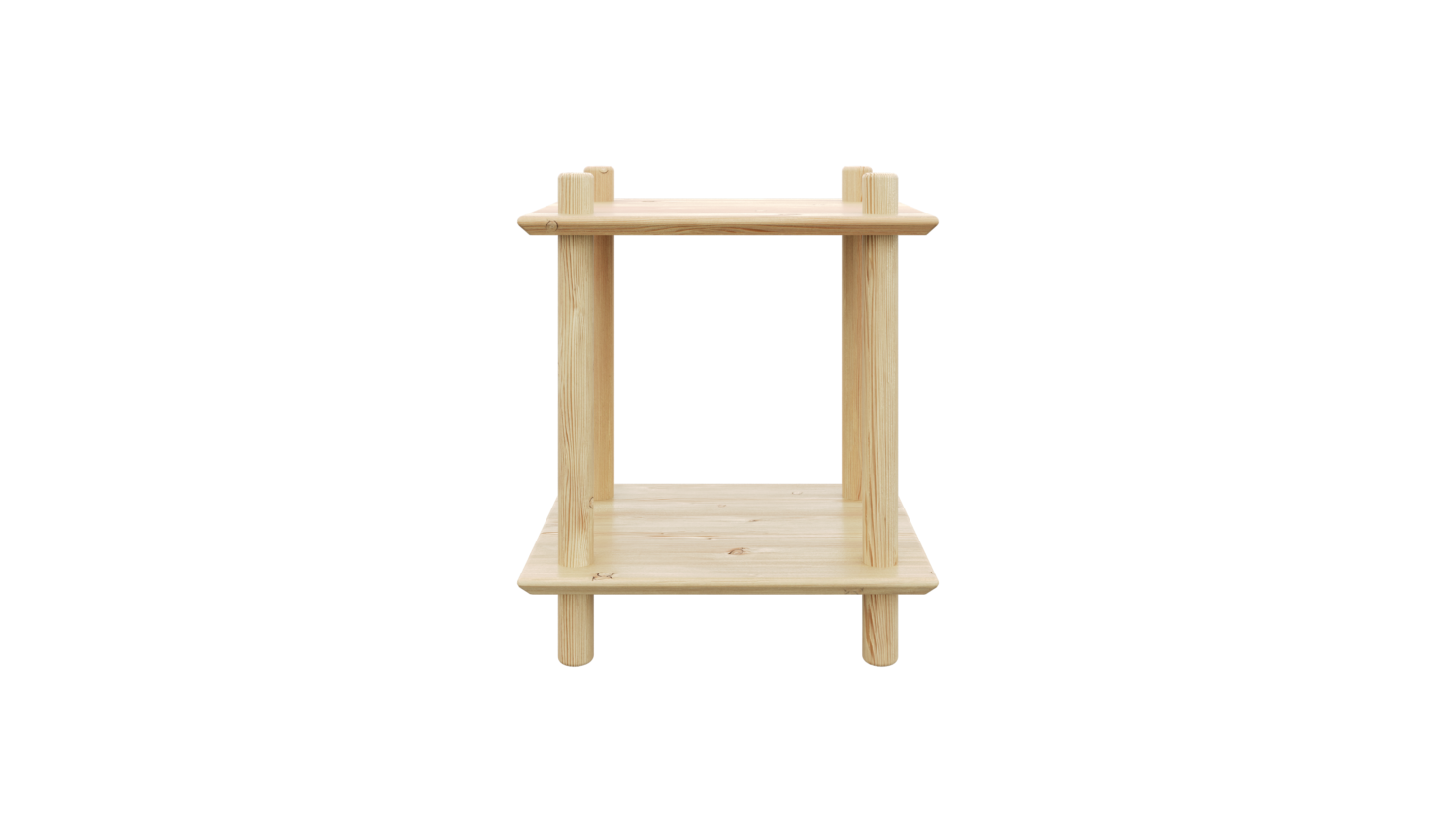 Vue de face du petit module modulaire Air ROHE à deux niveaux en pin brut, conçu pour les espaces compacts, présenté en prise de vue studio épurée sur fond blanc.