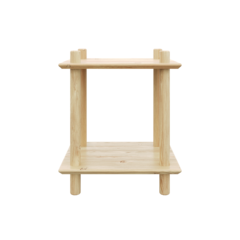 Vue de face du petit module modulaire Air ROHE à deux niveaux en pin brut, conçu pour les espaces compacts, présenté en prise de vue studio épurée sur fond blanc.