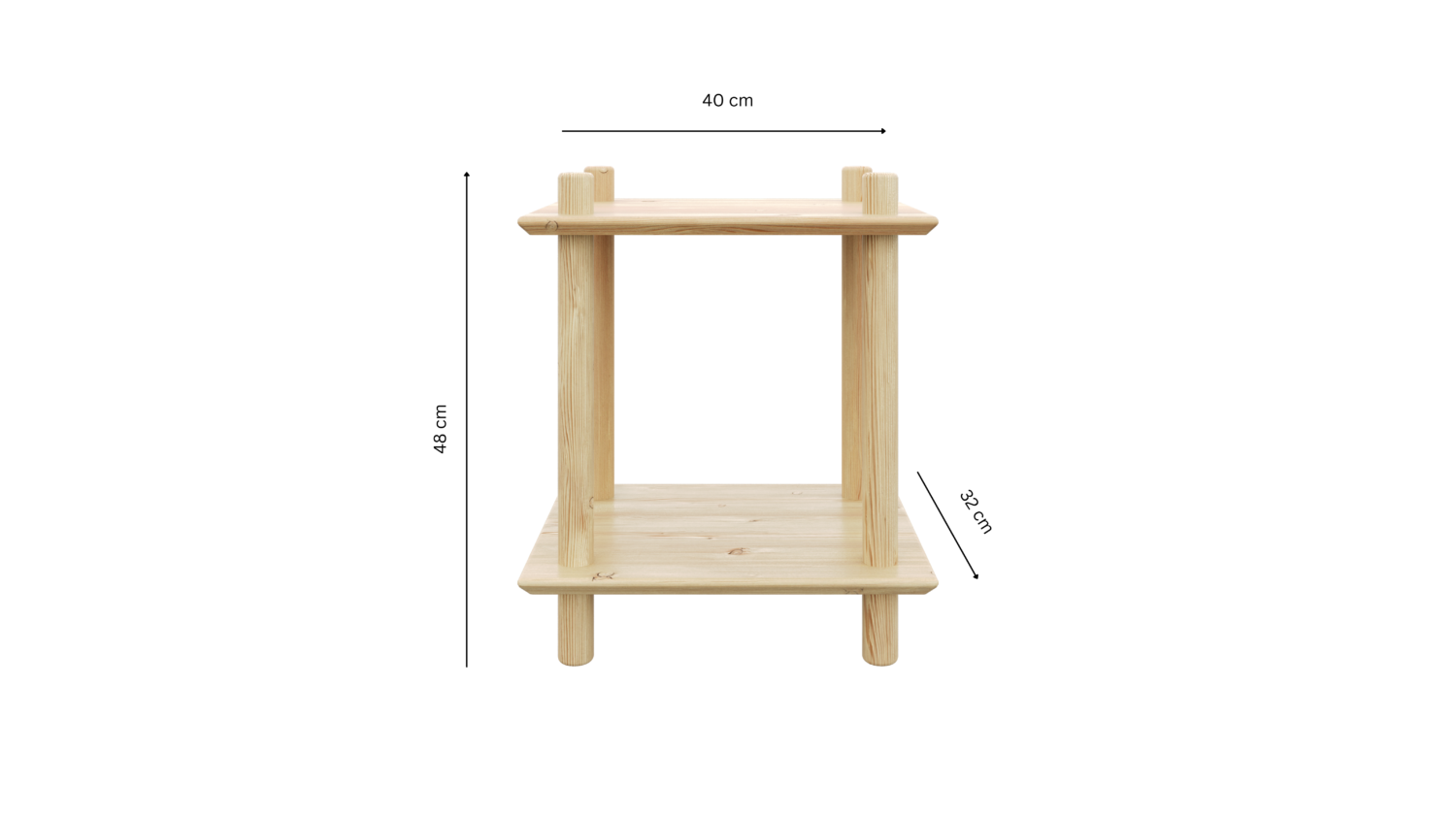 Vue studio de l’étagère Air ROHE à deux niveaux, présentant ses dimensions clés : 40 cm de largeur, 48 cm de hauteur et 32 cm d’espacement vertical entre les étagères.