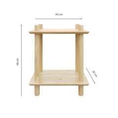 Studioansicht des zweistufigen ROHE Air Regals, die seine wichtigsten Abmessungen zeigt: 40 cm Breite, 48 cm Höhe und 32 cm vertikaler Abstand zwischen den Ablagen.