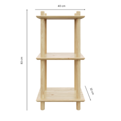 Vue technique en studio de l’étagère Air étroite modulaire à trois niveaux en pin brut, présentant ses dimensions clés : 40 cm de largeur, 83 cm de hauteur et 32 cm de profondeur d’étagère.