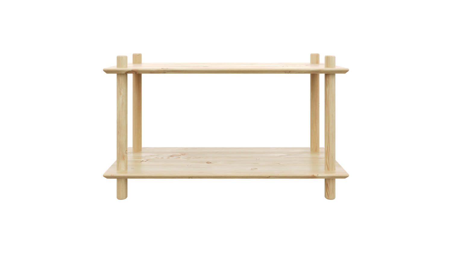 Vue studio frontale épurée de l’étagère modulaire Air Shelf large à deux niveaux en pin brut, mettant en valeur la construction simple et la vaste surface d’exposition sur fond blanc.
