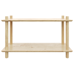 Vue studio frontale épurée de l’étagère modulaire Air Shelf large à deux niveaux en pin brut, mettant en valeur la construction simple et la vaste surface d’exposition sur fond blanc.