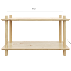 Technische Studioansicht des breiten, zweistöckigen modularen Air Regals aus unbehandeltem Kiefernholz, die seine wichtigsten Abmessungen zeigt: 80 cm Breite, 48 cm Höhe und 32 cm Regaltiefe.