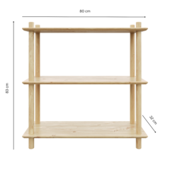 Vue en studio de l’étagère modulaire Air large à trois niveaux en pin brut, mettant en évidence ses dimensions clés : 80 cm de largeur, 83 cm de hauteur et 32 cm de profondeur des étagères.