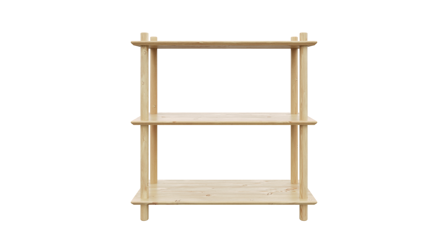 Vue frontale épurée en studio de l’étagère modulaire Air large à trois niveaux en pin brut, mettant en valeur sa construction simple et ses trois étagères spacieuses de dimensions égales, sur fond blanc.