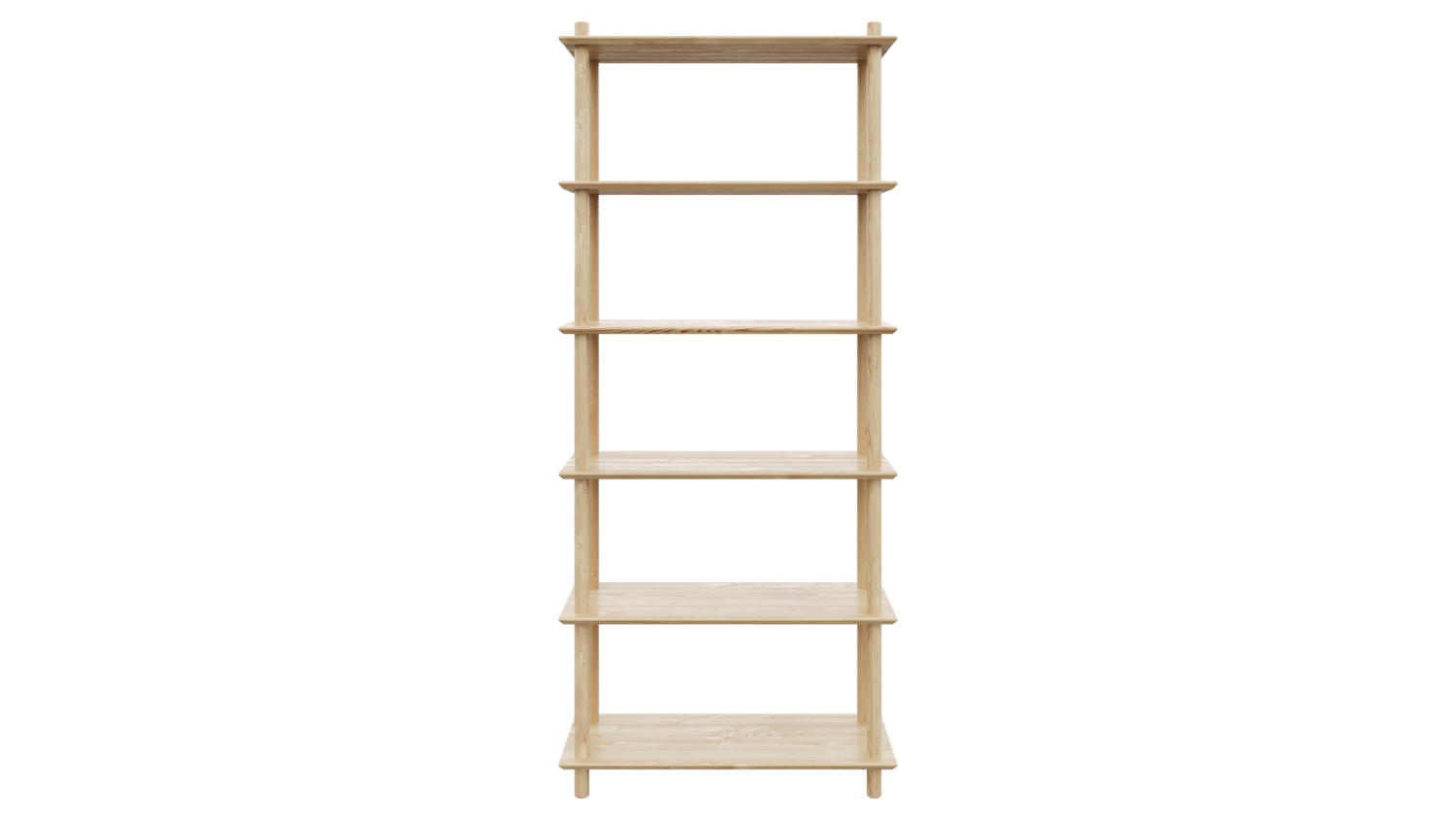 Vue frontale épurée en studio de la grande étagère modulaire Air à six niveaux en pin brut, mettant en valeur sa construction simple et son empilage vertical maximal, sur fond blanc.