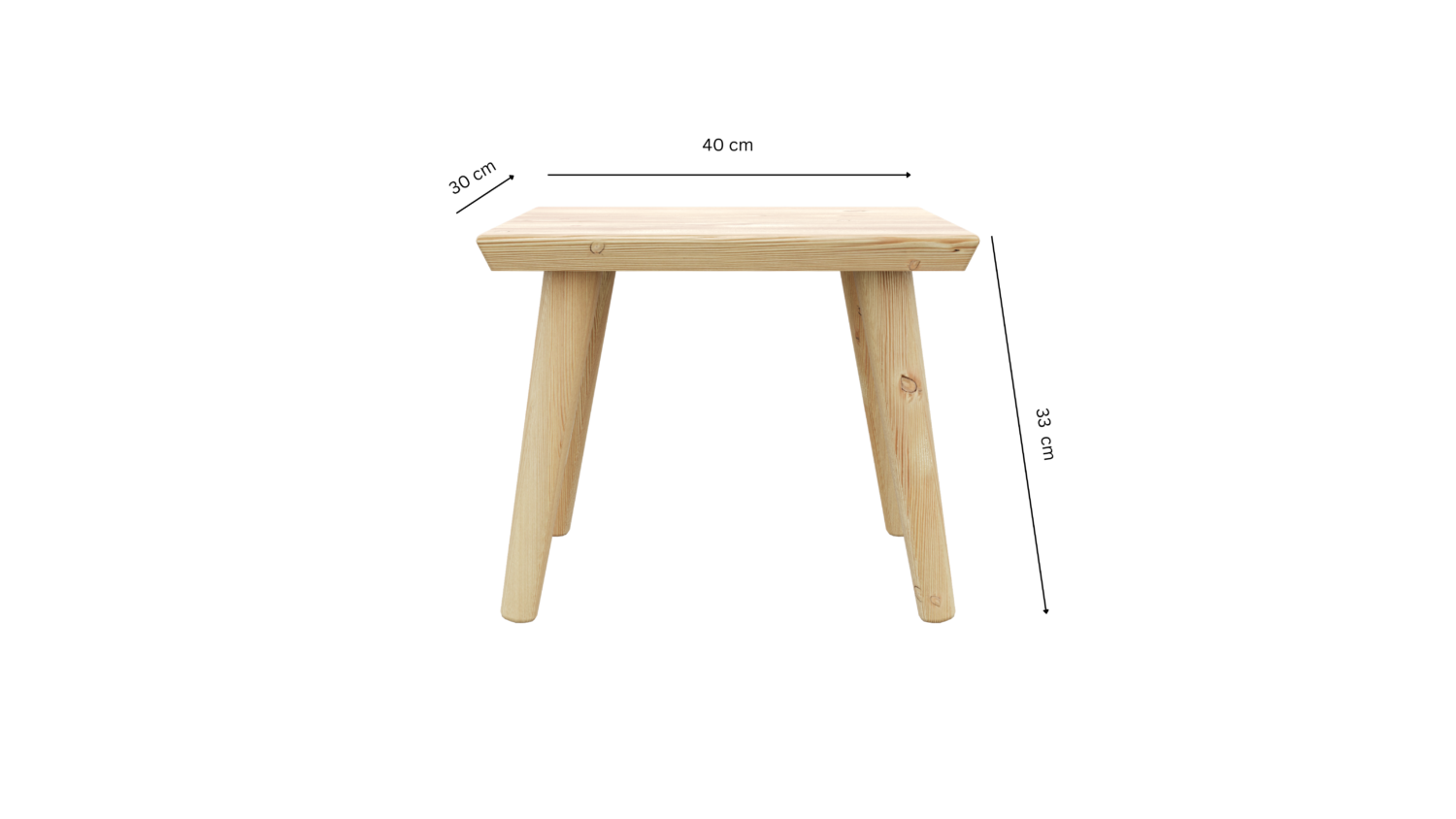 Vue de face du tabouret « Air » en pin clair non traité, avec des indications de dimensions claires : 40 cm de largeur, 30 cm de profondeur et 33 cm de hauteur, sur fond blanc.