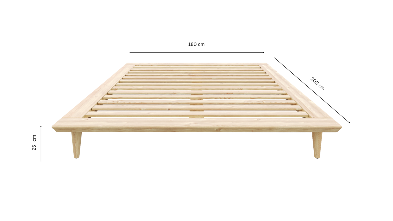 Vue de face du cadre de lit Air 180 × 200 cm en pin clair non traité, avec des indications de dimensions montrant une hauteur de 25 cm et une surface supérieure adaptée à un matelas de 160 × 200 cm.