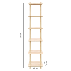 Studioansicht des hohen, sechsstöckigen modularen Air Regals aus unbehandeltem Kiefernholz, die seine wichtigsten Abmessungen zeigt: 40 cm Breite, 185 cm Höhe und 32 cm Regaltiefe.
