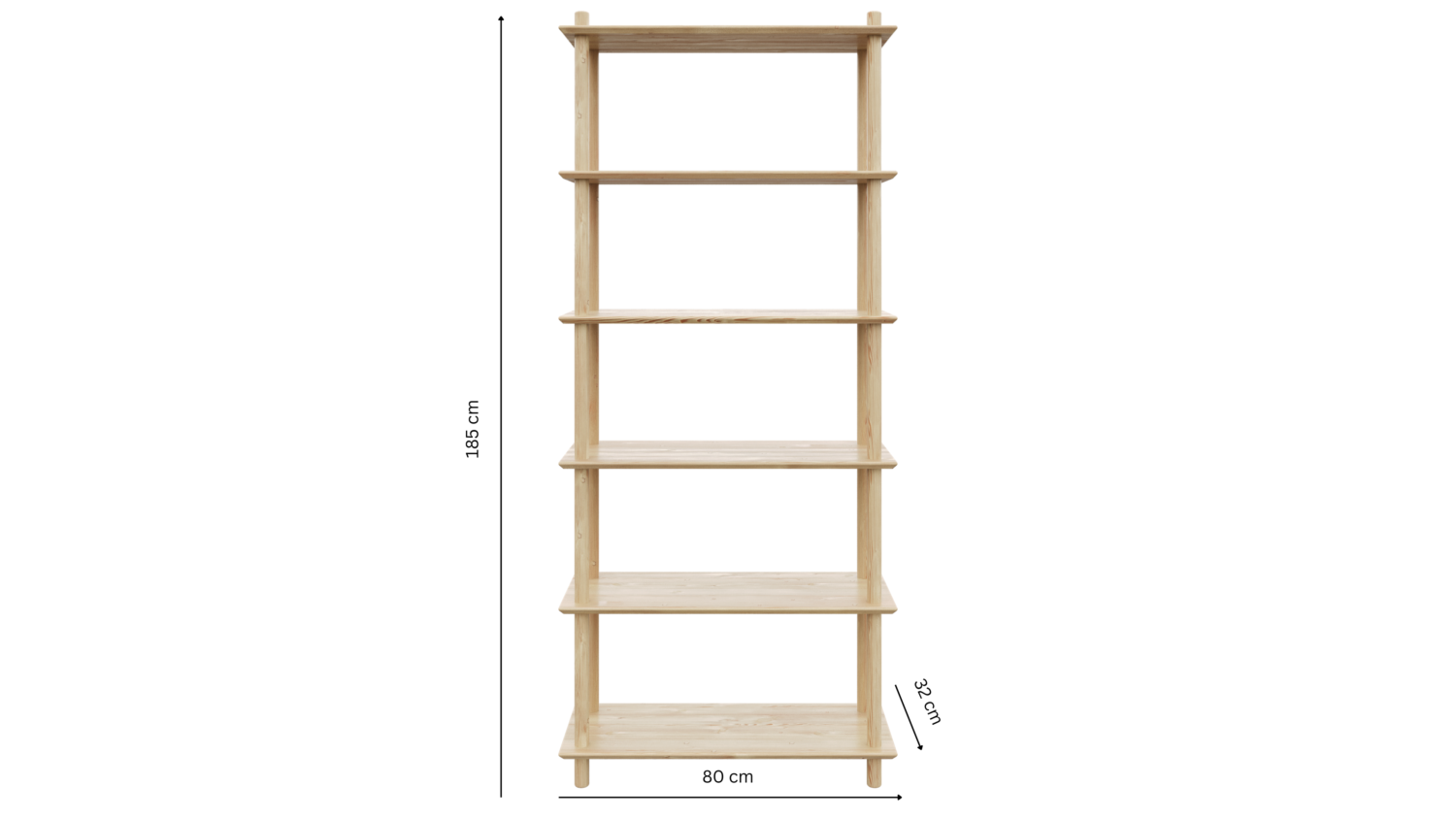 Studioansicht des hohen, breiten sechsstöckigen modularen Air Regals aus unbehandeltem Kiefernholz, die seine wichtigsten Abmessungen zeigt: 80 cm Breite, 185 cm Höhe und 32 cm Regaltiefe.