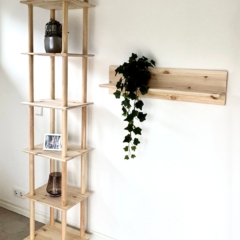 Lifestyleaufnahme mit dem hohen, sechsstöckigen Air Regal aus unbehandeltem Kiefernholz, bestückt mit einer Pflanze, einem gerahmten Foto und einer Vase, daneben ein passendes Air Wandregal mit einer hängenden Efeupflanze – alles vor einer weißen Wand.