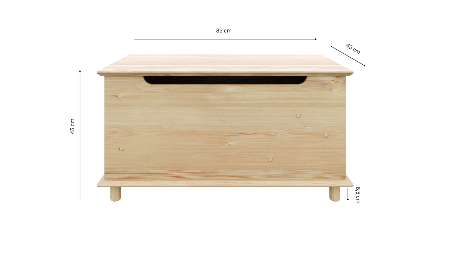 Frontalansicht einer Air Truhe aus unbehandeltem, hellem Kiefernholz mit Maßangaben: 85 cm Breite, 43 cm Tiefe, 45 cm Höhe und 6,5 cm Beinhöhe, freigestellt vor weißem Hintergrund.