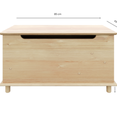 Frontalansicht einer Air Truhe aus unbehandeltem, hellem Kiefernholz mit Maßangaben: 85 cm Breite, 43 cm Tiefe, 45 cm Höhe und 6,5 cm Beinhöhe, freigestellt vor weißem Hintergrund.