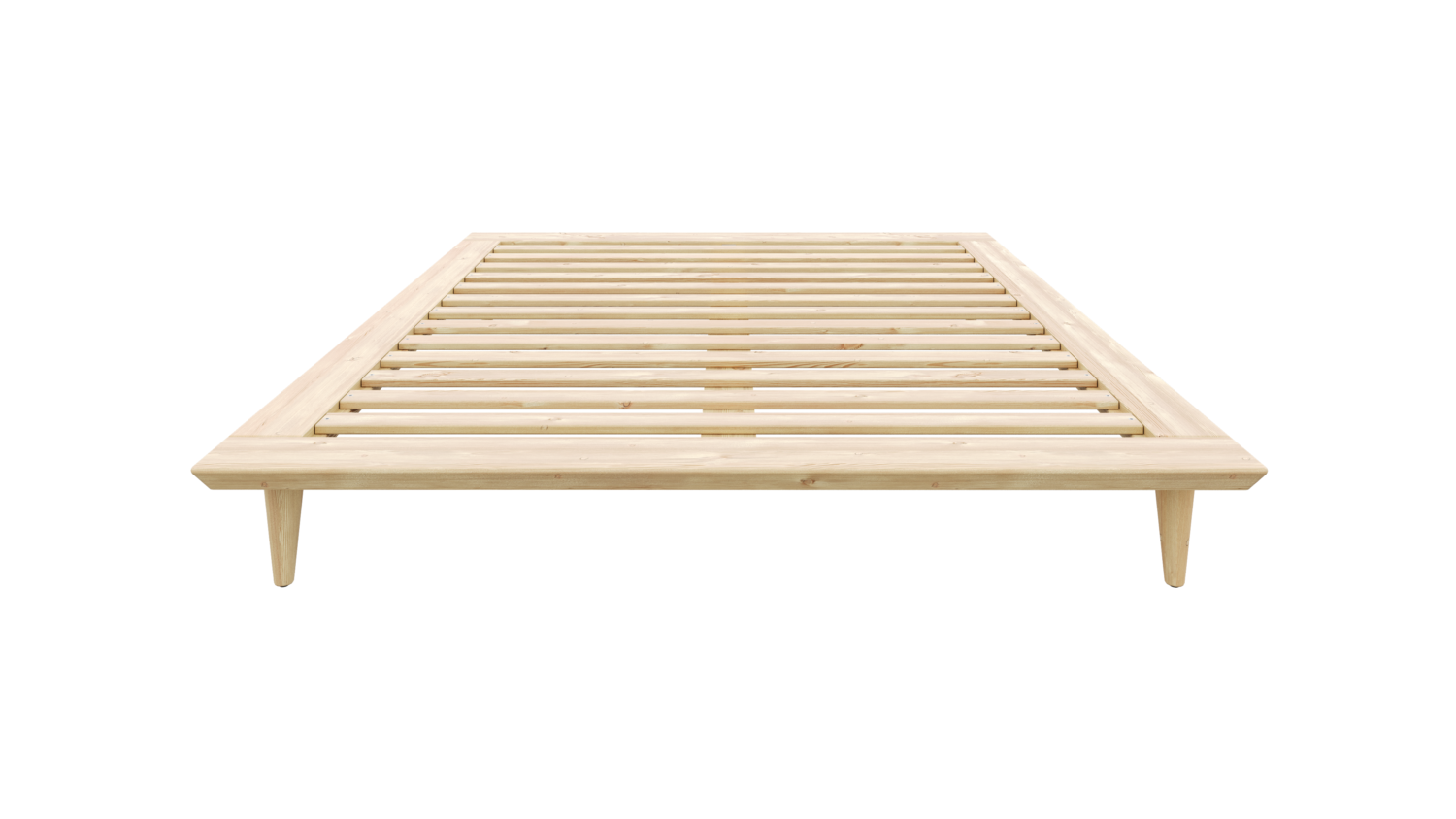 Frontalansicht eines Air Bettgestells 160x200 cm aus unbehandeltem, hellem Kiefernholz mit Lattenrost, für eine Matratze konzipiert, freigestellt vor weißem Hintergrund.