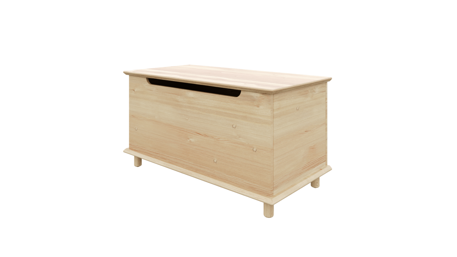 Angled view of an untreated light pine Air chest, showing its rectangular top, handle cutout, and short rounded legs, isolated on a white background.