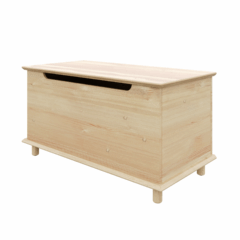 Angled view of an untreated light pine Air chest, showing its rectangular top, handle cutout, and short rounded legs, isolated on a white background.