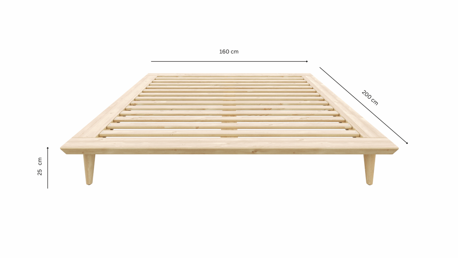 Front view of an untreated light pine Air bed frame with measurement labels: 160 cm width, 200 cm length, and 25 cm height, on a white background.