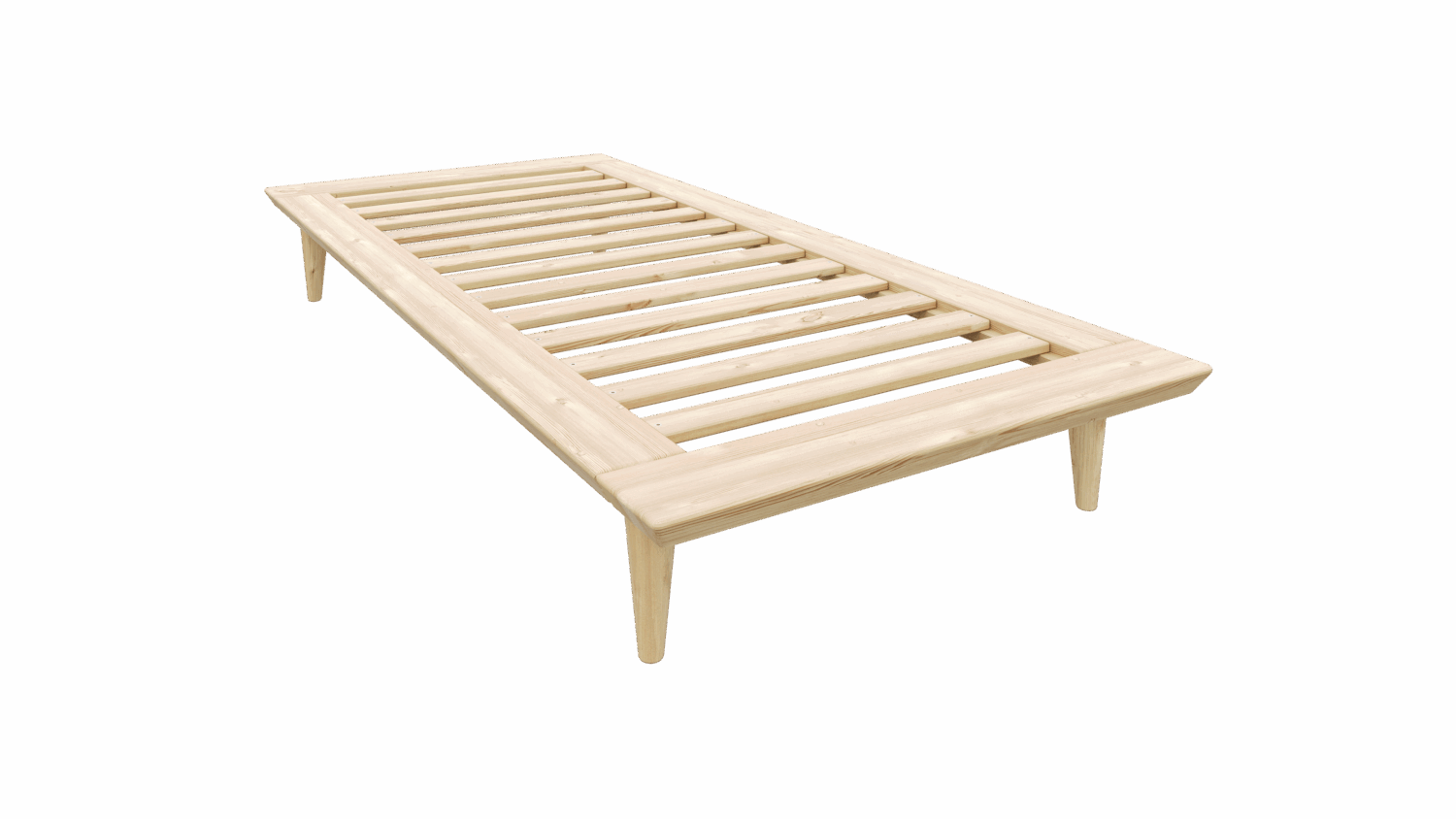 Angled view of an untreated light pine Air bed frame 90x200 with a slatted base, designed for a single mattress, isolated on a white background.