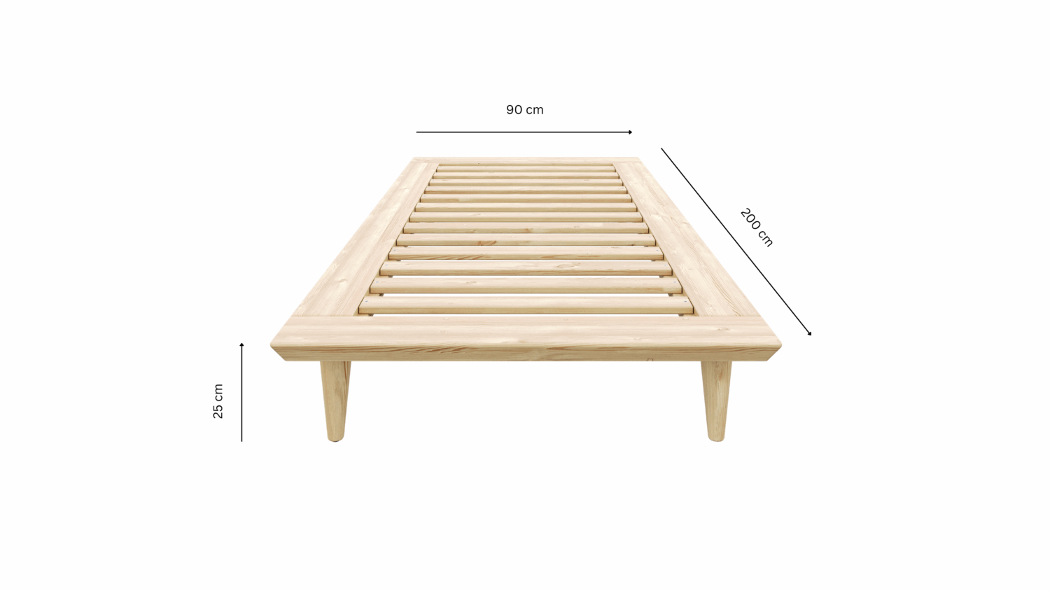 Front view of an untreated light pine Air bed frame with measurement labels: 90 cm width, 200 cm length, and 25 cm height, on a white background.