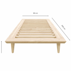 Front view of an untreated light pine Air bed frame with measurement labels: 90 cm width, 200 cm length, and 25 cm height, on a white background.