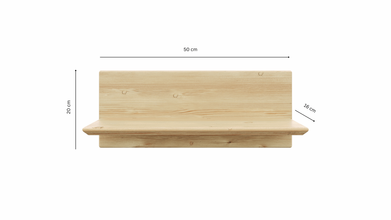 Front view of an untreated light pine Air wall shelf with measurement labels: 50 cm width, 20 cm height, and 16 cm depth, on a white background.