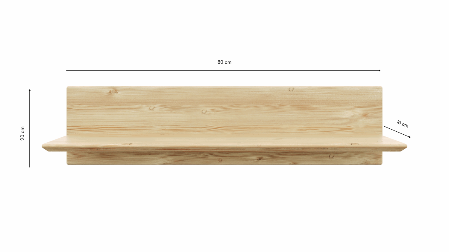 Frontal view of the 80 cm Rohe Air shelf, displaying main measurements: 80 cm width, 20 cm height, and 16 cm depth.