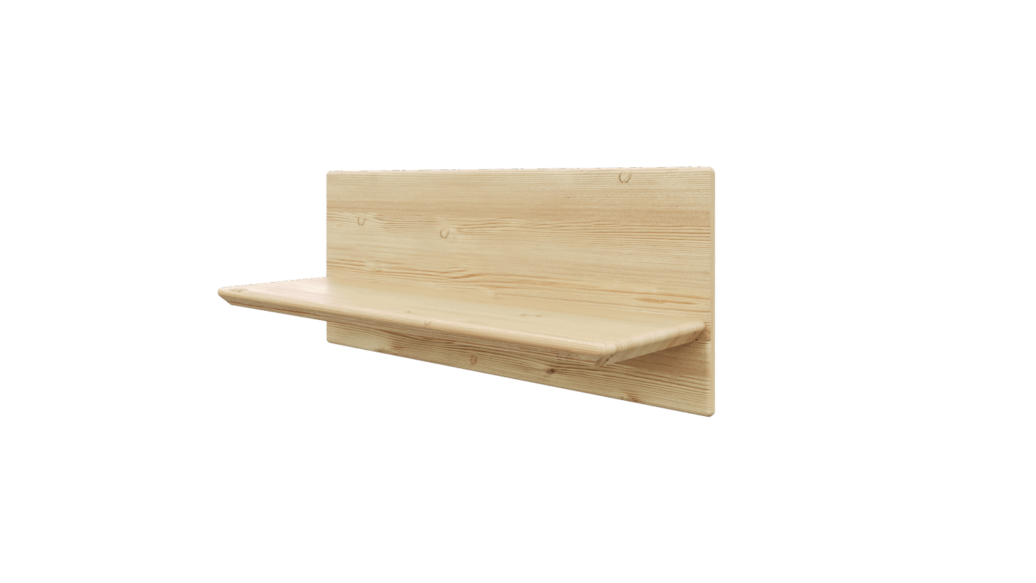 Angled view of an untreated light pine Air wall shelf, designed for floating mounting, isolated on a black background.